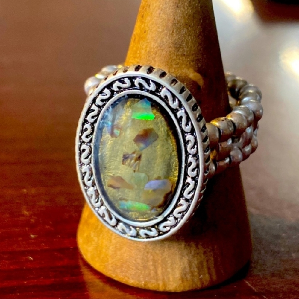 Oval abalone shell silver ring stretch ring one size fits all NWT